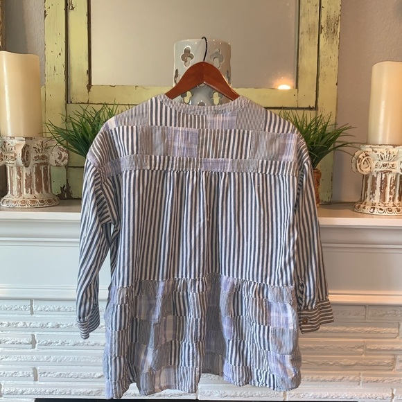 Anthropologie Maeve Blue Striped Patchwork Button Down 3/4 Top Small High Lo - Picture 9 of 9